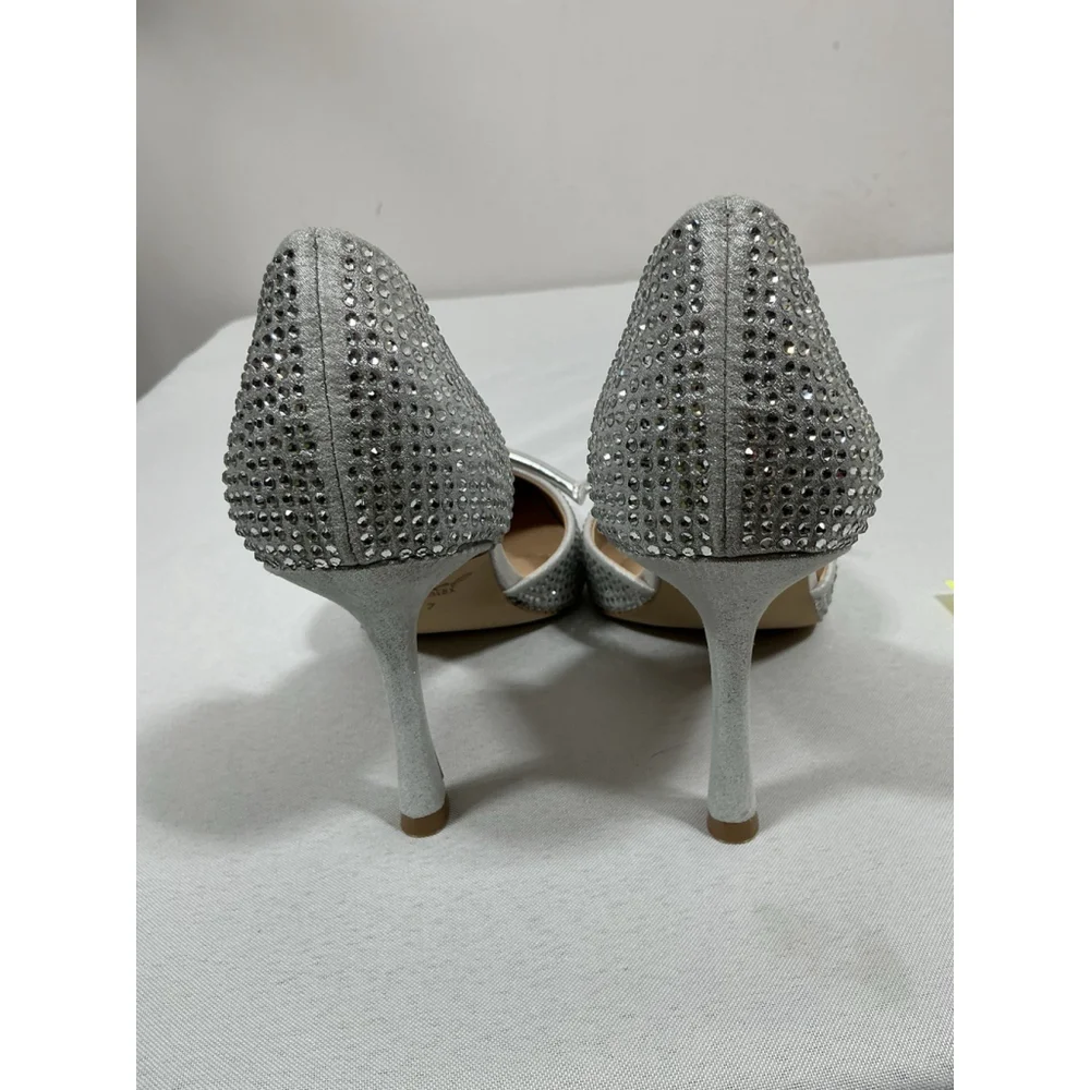 Woman’s NWOT Jewel Badgley Michka Slip On Stiletto Pumps 7 Silver Rhinestone Bow - Picture 5 of 8